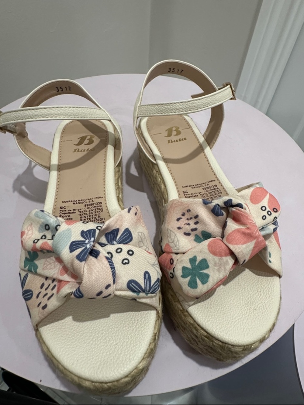Floral Bow Espadrille Wedge Sandals — Cream with Pink & Blue Accents